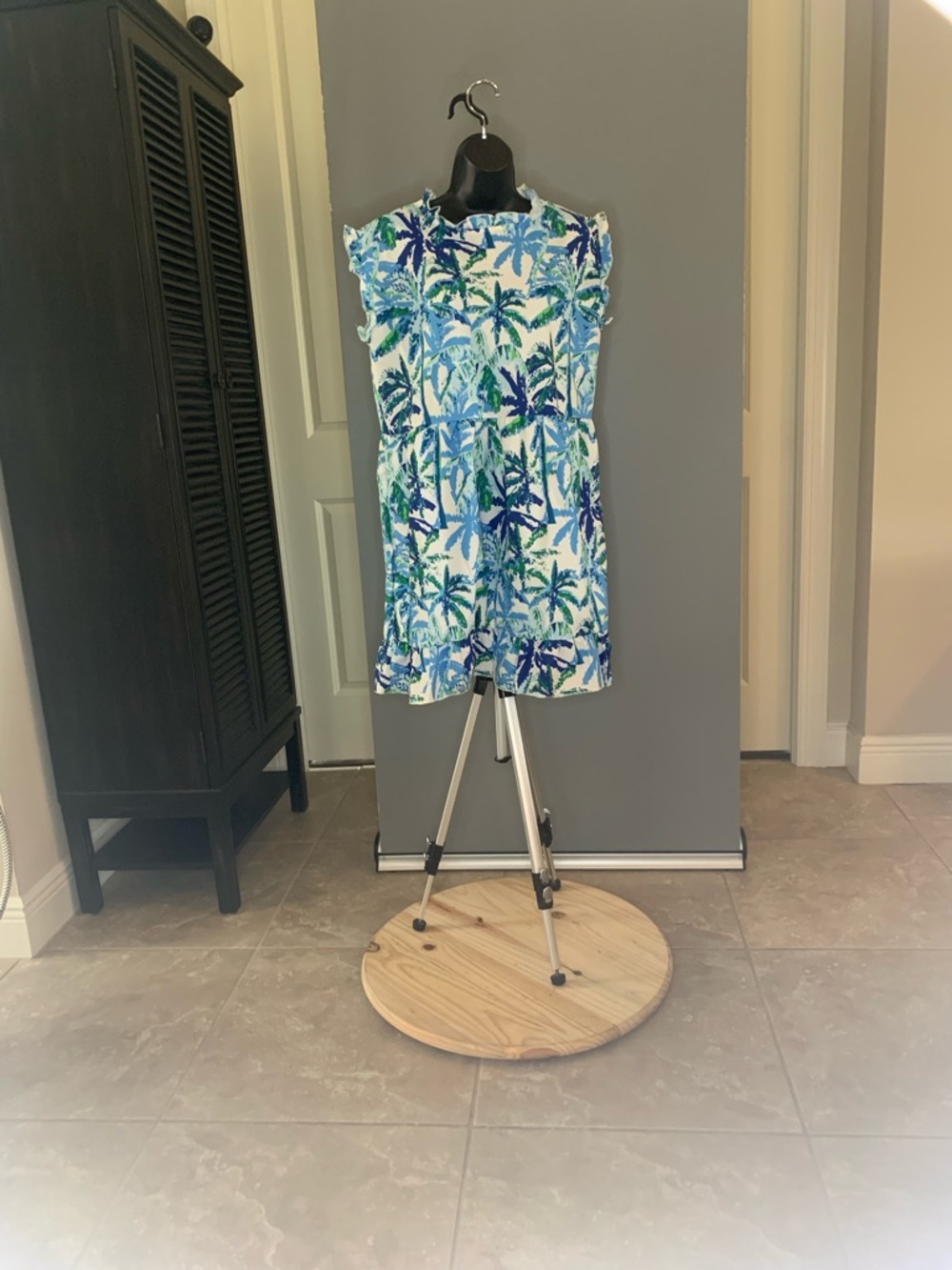 Sleeveless Palm-Print Summer Dress in Blue & Green
